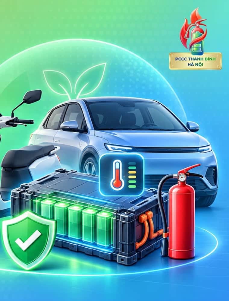 Xe máy điện và ô tô điện bên khối pin lithium cùng bình chữa cháy