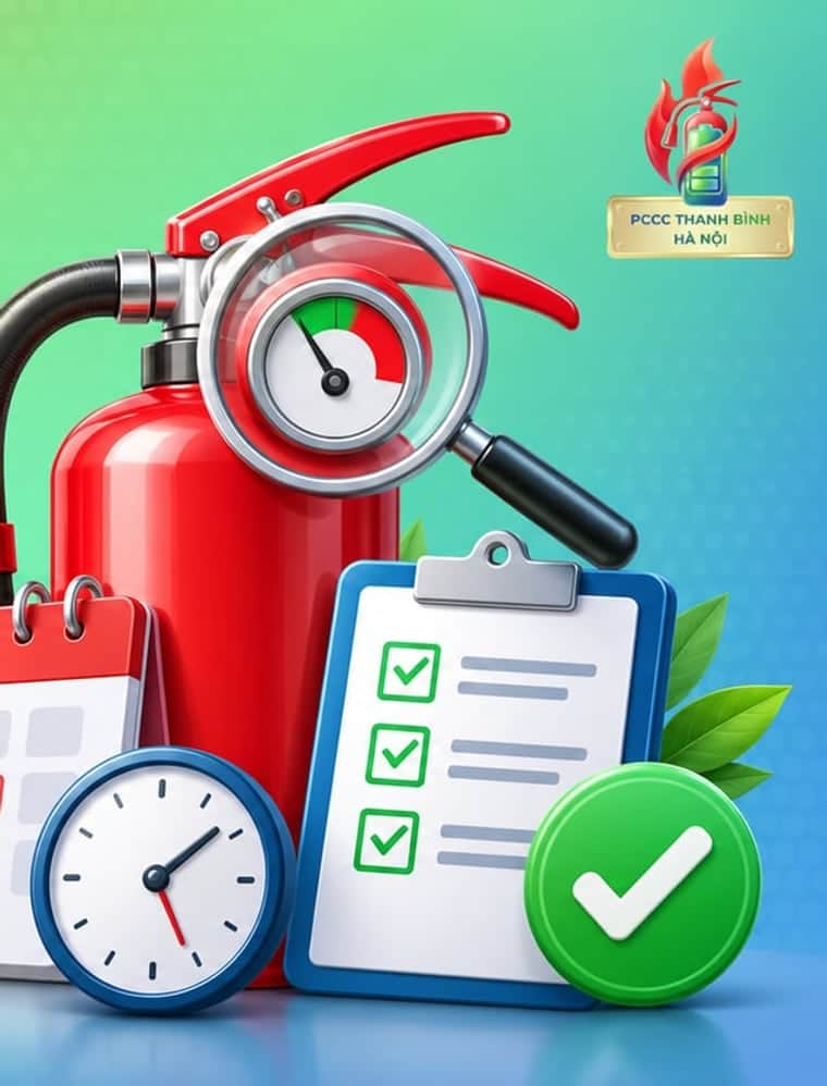 Kính lúp soi đồng hồ áp suất trên bình chữa cháy, bên cạnh lịch, đồng hồ và checklist kiểm tra