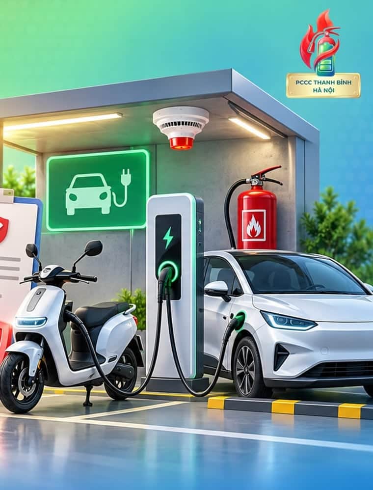 Khu sạc xe điện có mái che, đầu báo khói và bình chữa cháy treo tường