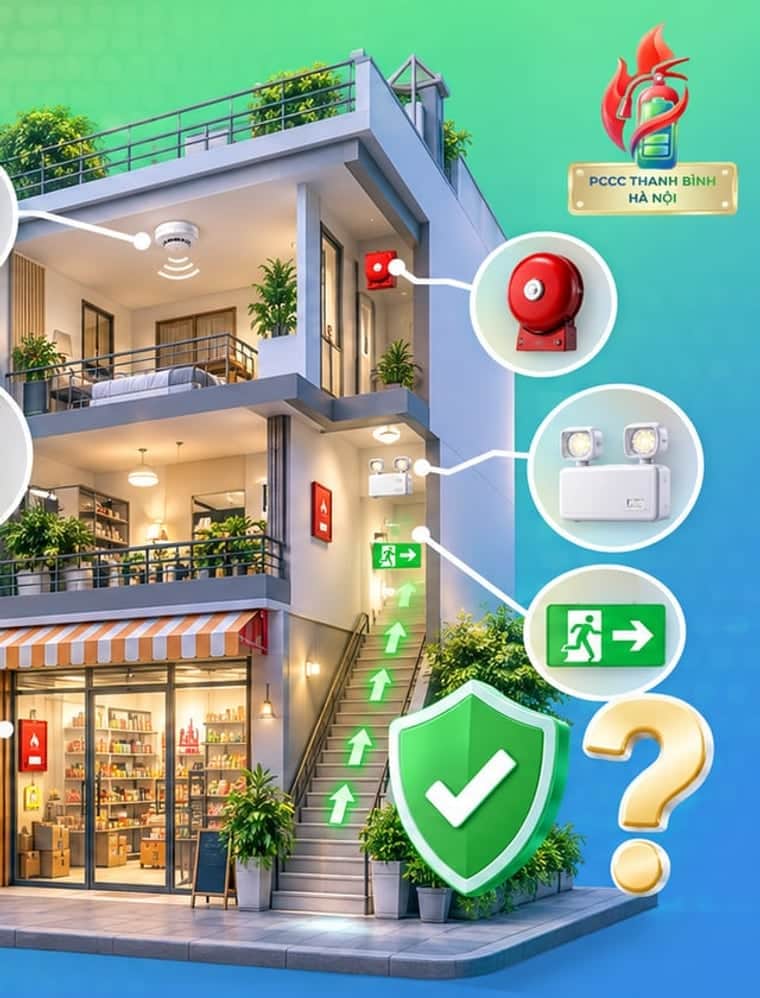 Mặt cắt nhà ba tầng có cửa hàng tầng một, gắn đầu báo khói, chuông báo cháy, đèn exit và bình chữa cháy