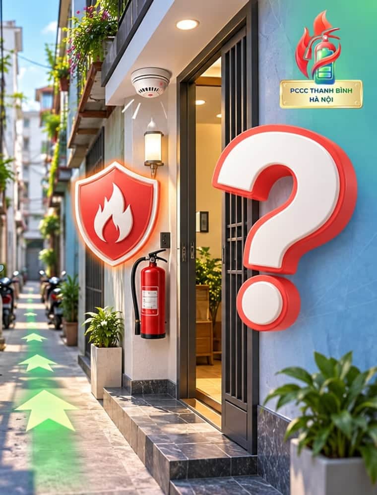 Bình chữa cháy treo cạnh cửa nhà trong ngõ nhỏ, phía trên có đầu báo khói