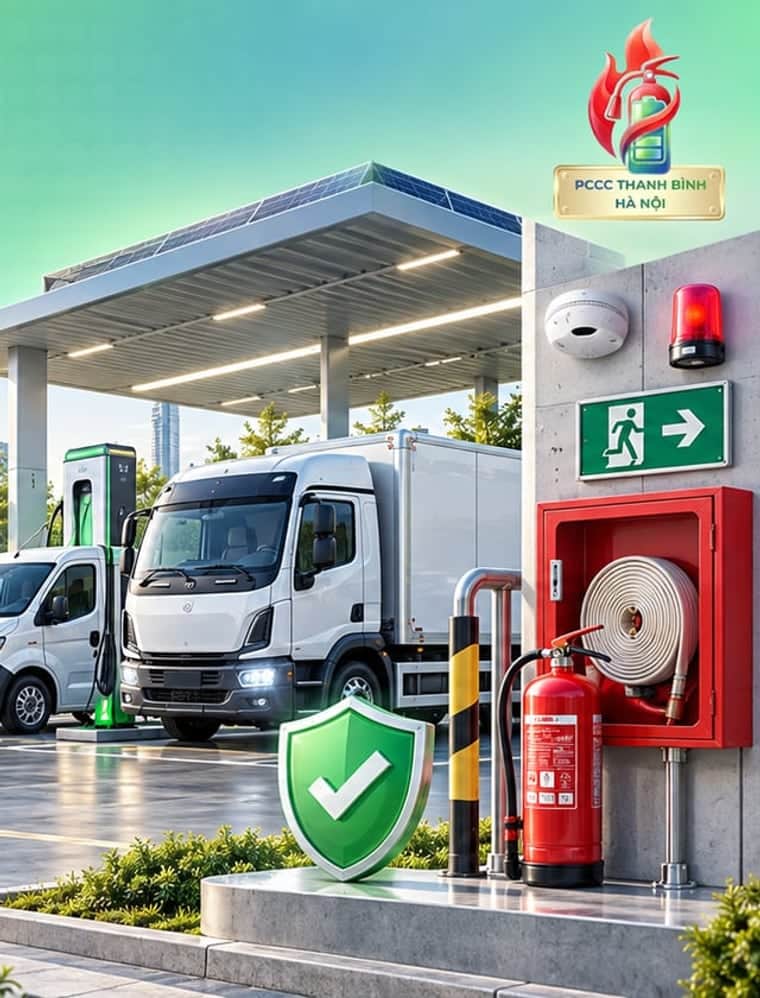 Xe tải điện tại trạm sạc, bên cạnh tủ vòi chữa cháy, bình chữa cháy và đèn báo cháy