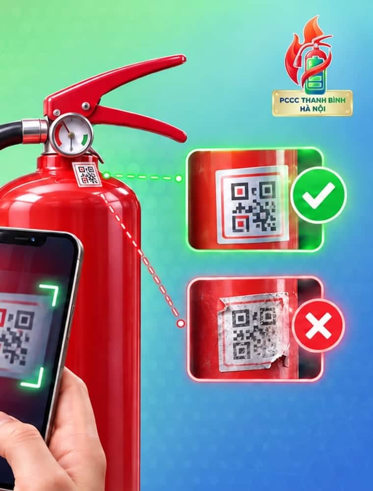 Điện thoại quét mã QR trên tem kiểm định bình chữa cháy, so tem thật với tem bị bong tróc
