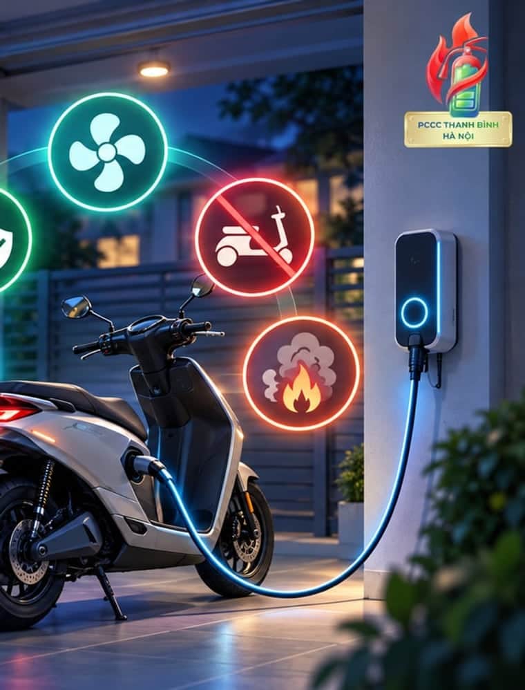 Xe máy điện cắm sạc ngoài hiên ban đêm, kèm biểu tượng thông thoáng, không che phủ và nguy cơ cháy