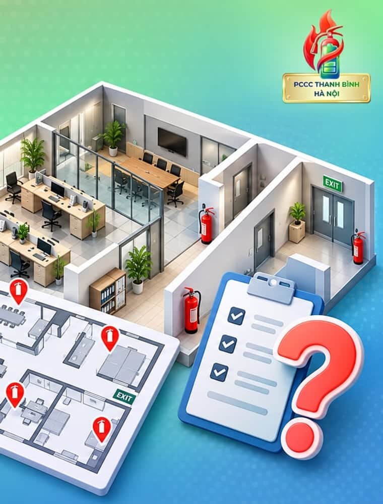 Mặt cắt văn phòng và sơ đồ mặt bằng đánh dấu các vị trí đặt bình chữa cháy