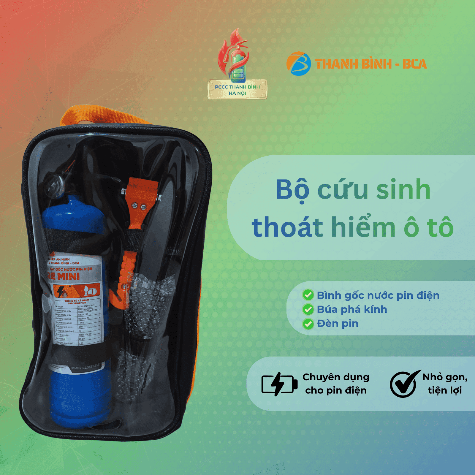 Bộ cứu sinh thoát hiểm ô tô 3 trong 1 gồm bình chữa cháy, đèn pin, búa thoát hiểm