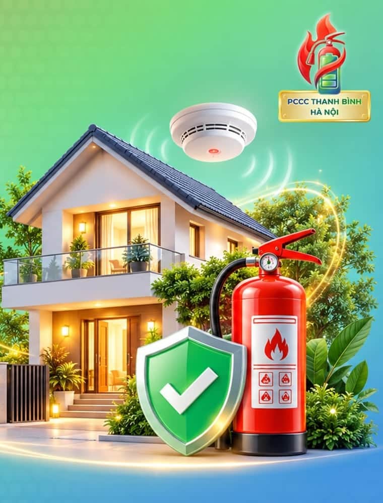Nhà ở gia đình với đầu báo khói trên mái và bình chữa cháy đặt trước cửa