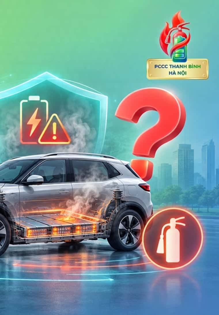 Ô tô điện với khối pin dưới sàn bốc lửa và khói, kèm biểu tượng cảnh báo pin