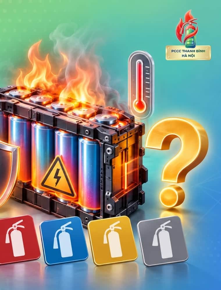 Khối pin lithium đang cháy phía trên dãy biểu tượng các loại bình chữa cháy