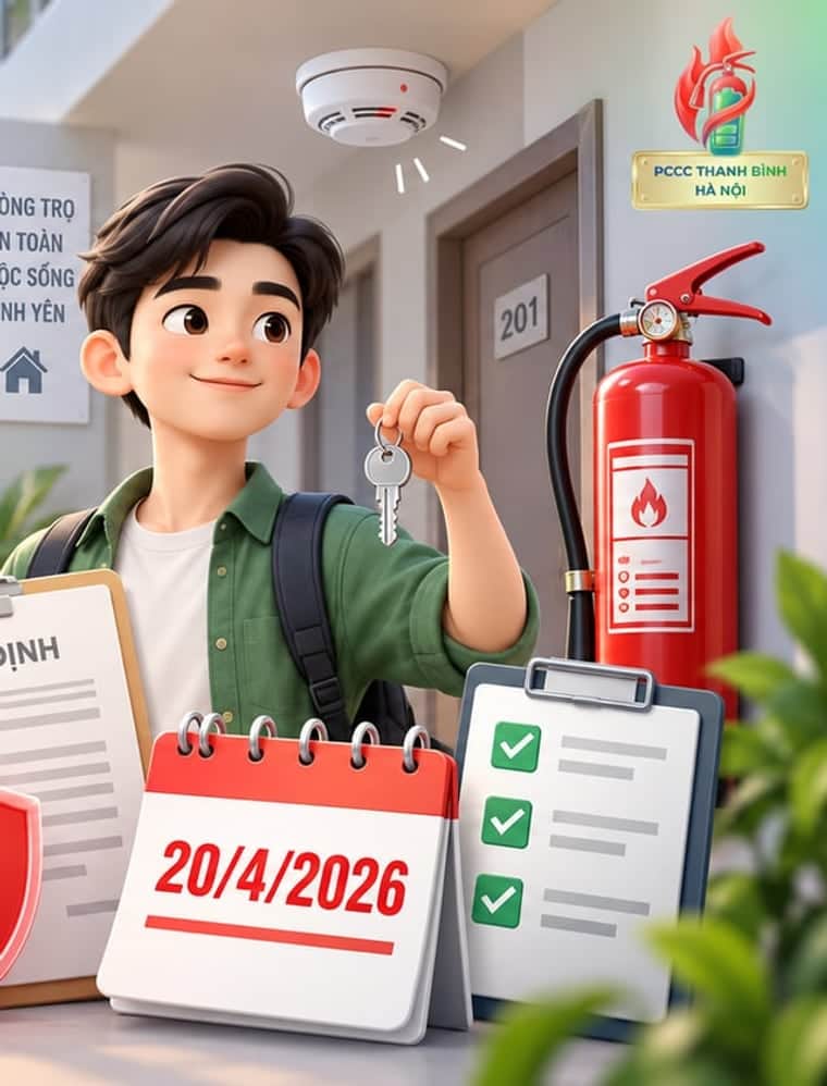 Người thuê trọ nhận chìa khoá phòng, phía sau là đầu báo khói và bình chữa cháy