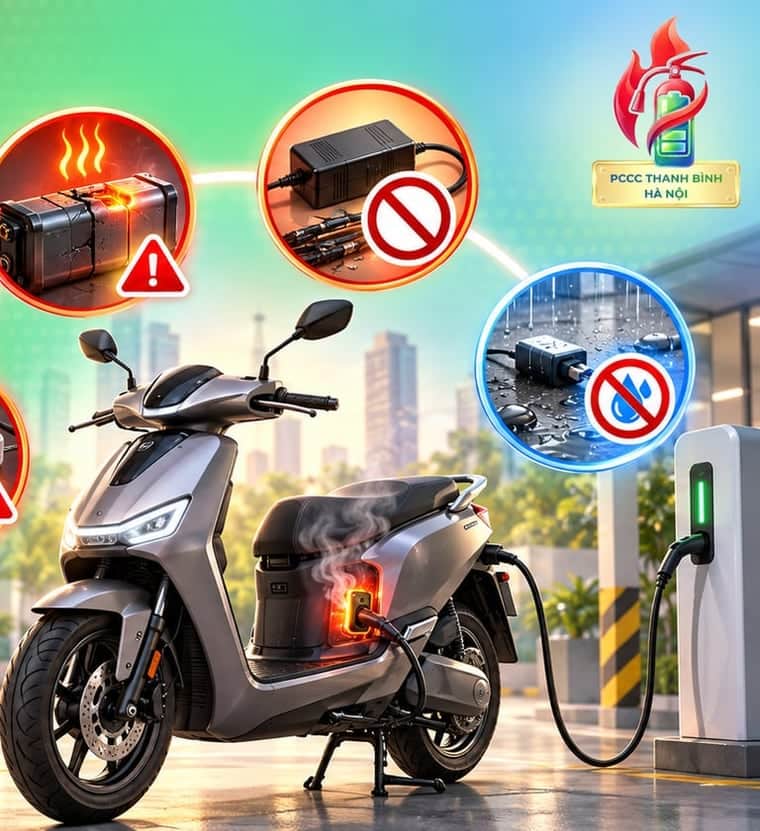 Xe máy điện đang sạc với đầu nối phát nhiệt, kèm hình pin nứt, sạc không chính hãng và ổ cắm gặp nước