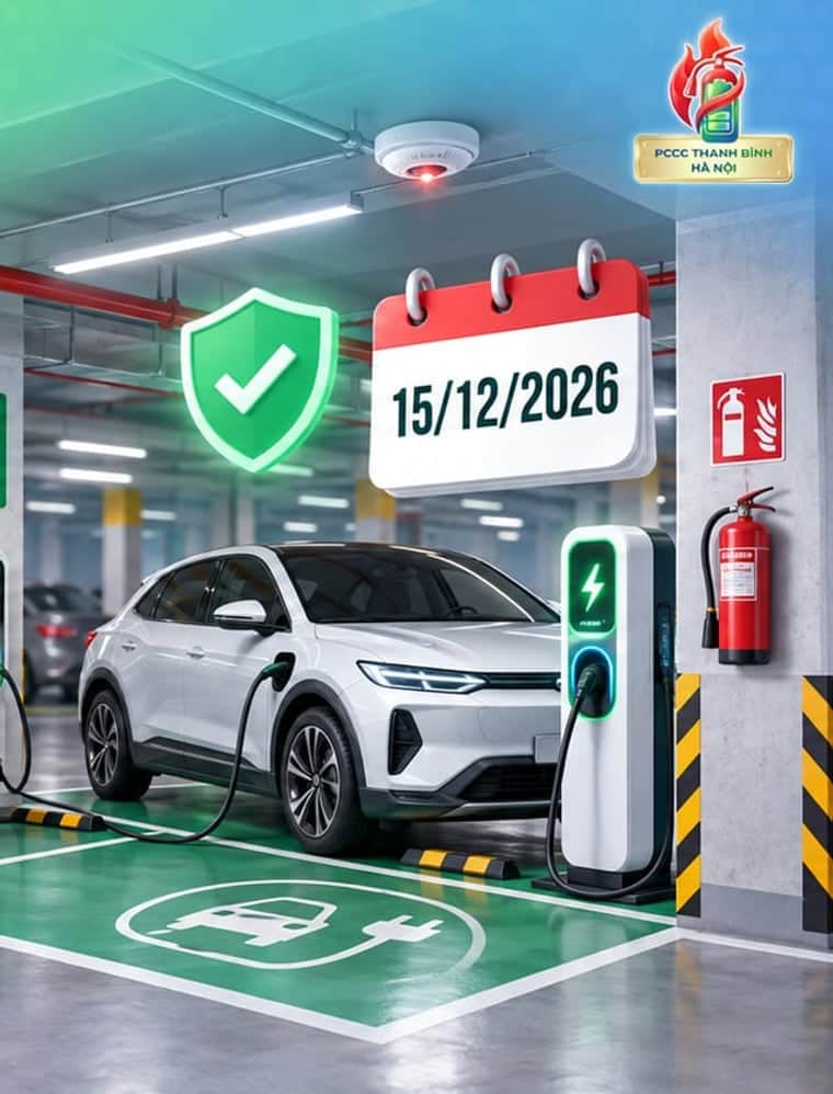 Ô tô điện đang sạc tại hầm chung cư, có đầu báo khói và bình chữa cháy treo tường