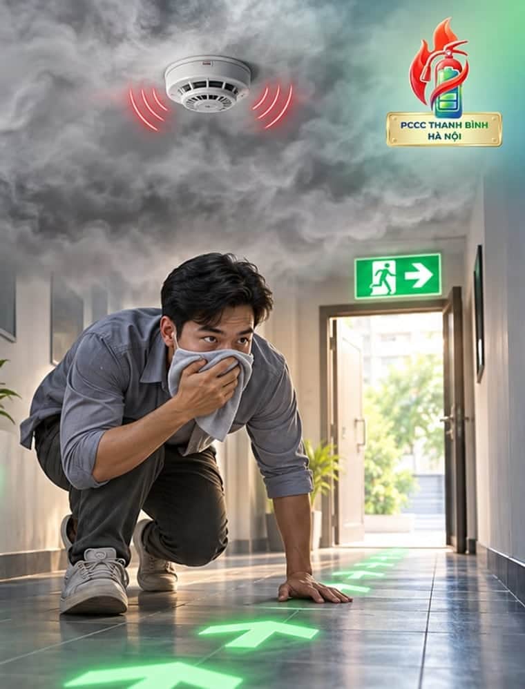 Người bò thấp, bịt khăn lên mũi miệng đi qua hành lang đầy khói về phía đèn exit