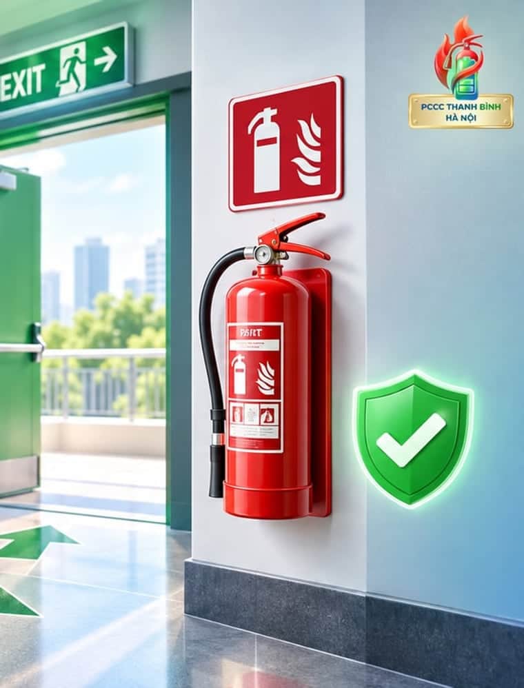 Bình chữa cháy treo trên tường cạnh cửa exit, phía trên có biển chỉ dẫn
